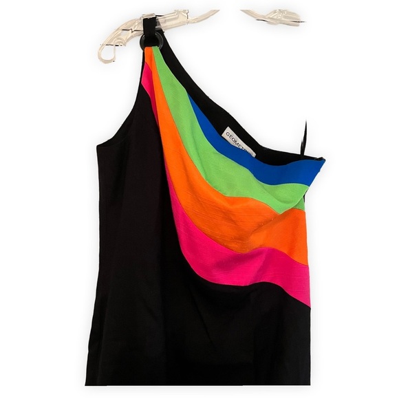 Vintage Y2K Dress One Shoulder Geometrie Black Neon Rainbow Stripes 6/M BodyCon - Picture 2 of 5